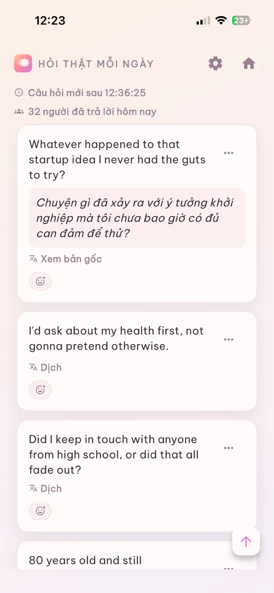 Feed tiếng Việt: câu hỏi hôm nay và các câu trả lời, kèm nút dịch từng câu